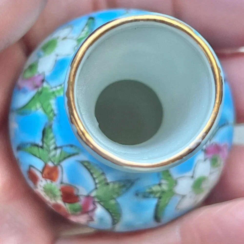 Miniature Japan Porcelain Vases Set Of 2 Yellow & Blue Floral Design vintage